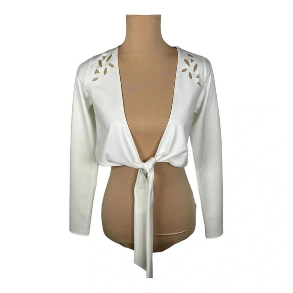 GIGI C White Tina Laser Cut Front Tie /Wrap Long-Sleeve Top NEW Medium - Picture 4 of 7